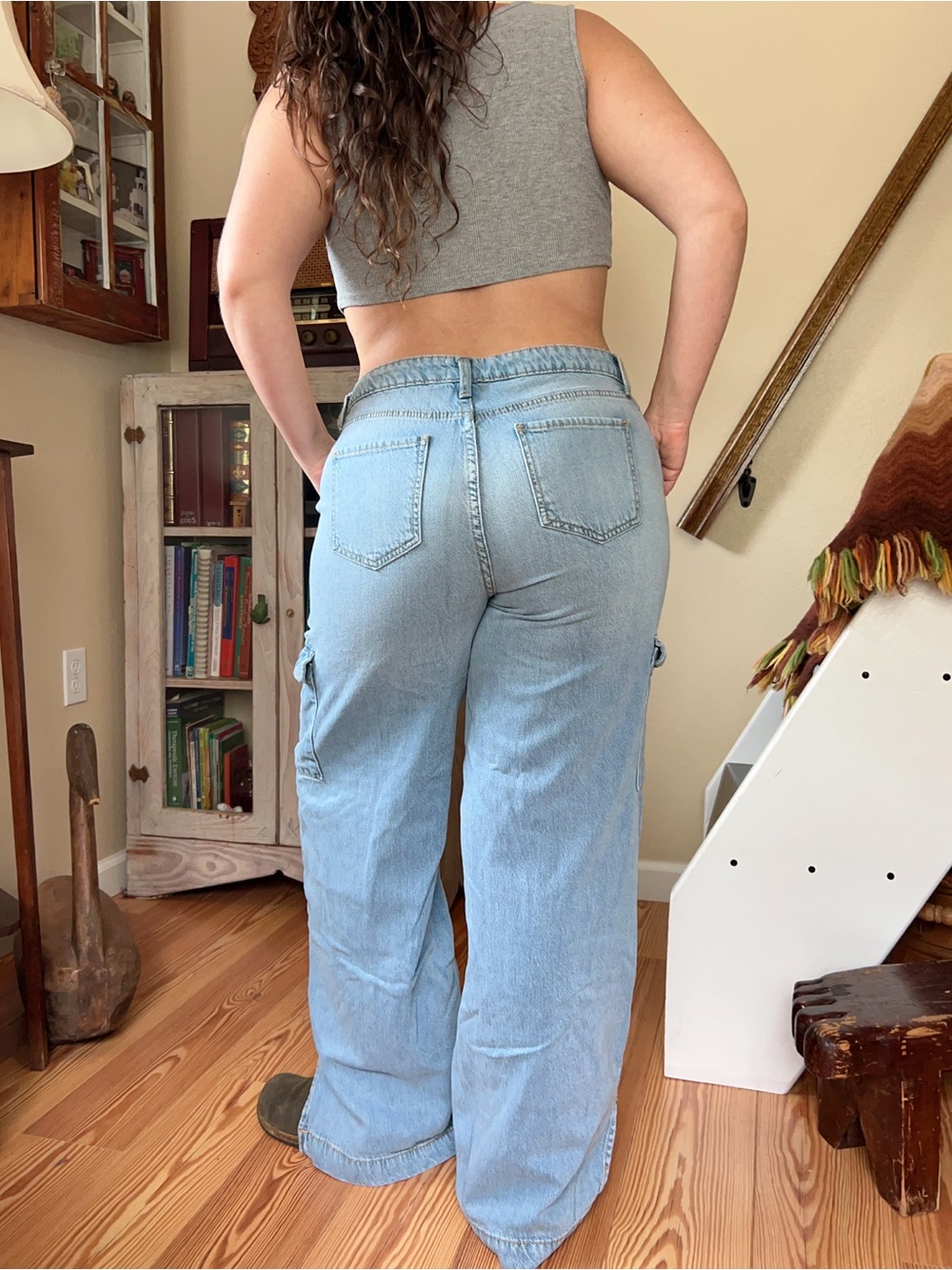 Time & Tru Light Wash Wide Leg Cargo Jeans Ankle Slit Skater Denim Pants Size 10 - Picture 4 of 9